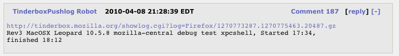TinderboxPushlog Robot making a comment on the bug
